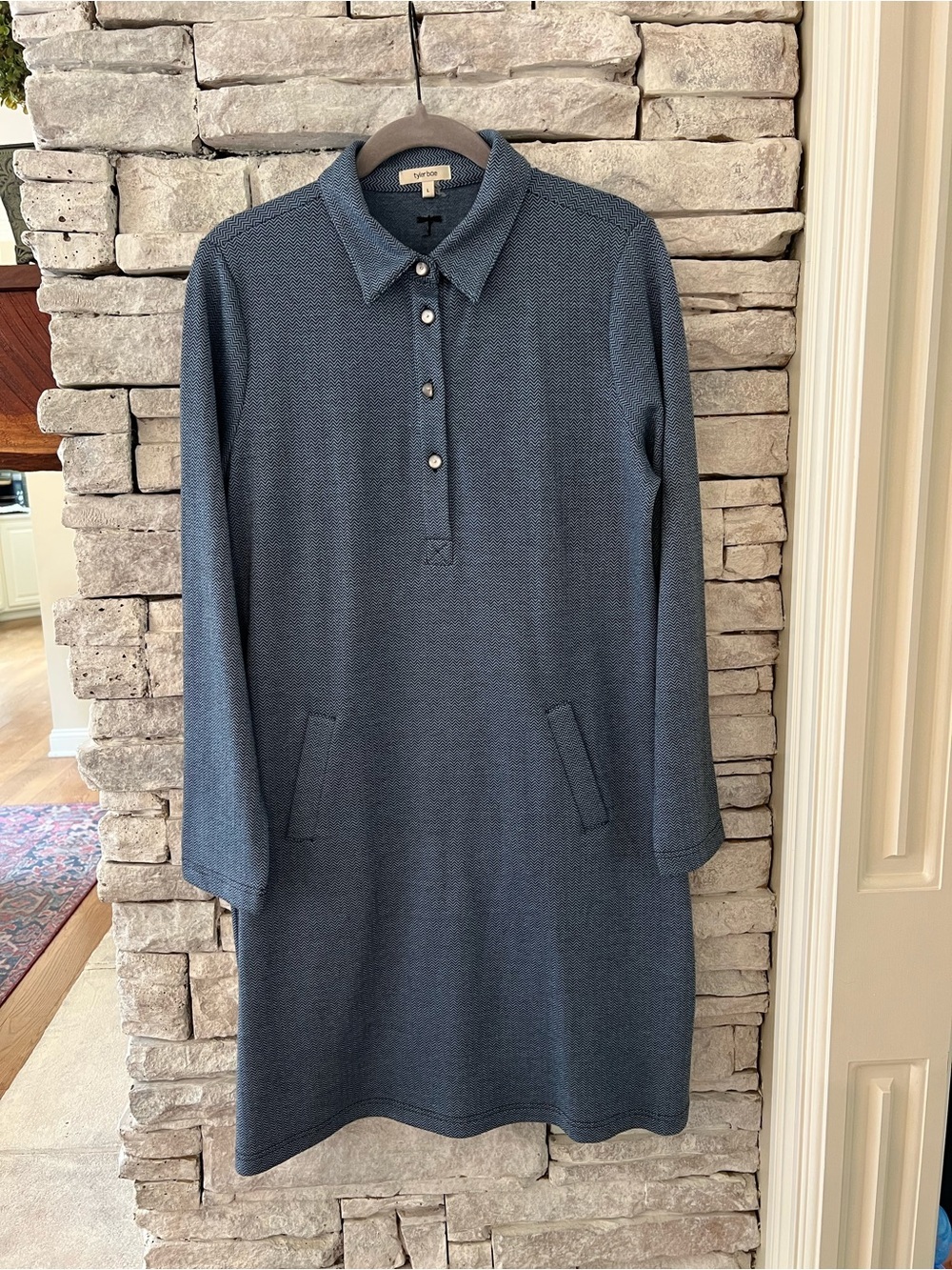 Tyler Boe Collard Herringbone Blue Long-Sleeve Polo Shift Dress Size Large